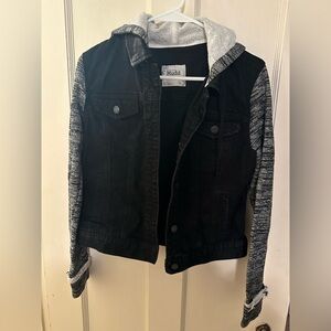Mudd black Jean jacket with fabric sleeves and hood. Size small.